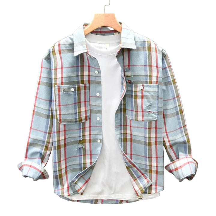 Men’s Long Sleeve Button-Up Plaid Shirt with Dual Chest Pockets