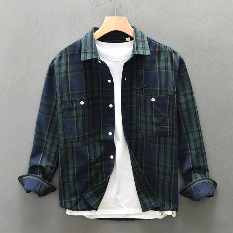 Men’s Long Sleeve Button-Up Plaid Shirt with Dual Chest Pockets