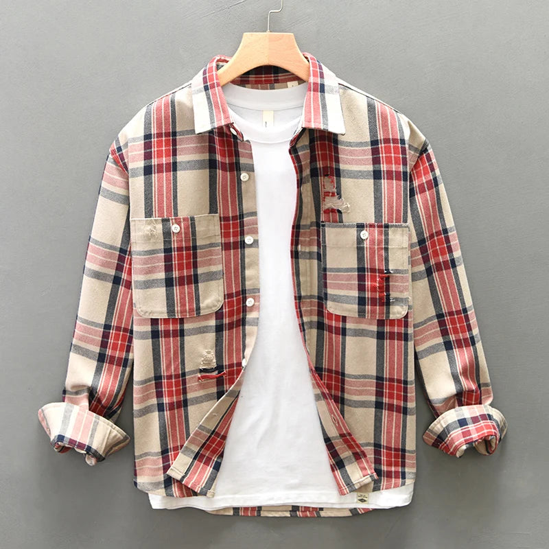 Men’s Long Sleeve Button-Up Plaid Shirt with Dual Chest Pockets