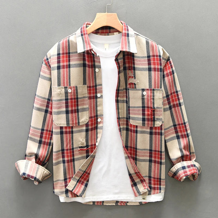 Men’s Long Sleeve Button-Up Plaid Shirt with Dual Chest Pockets
