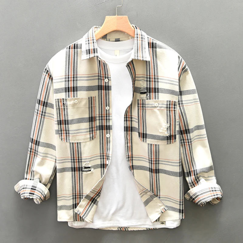 Men’s Long Sleeve Button-Up Plaid Shirt with Dual Chest Pockets