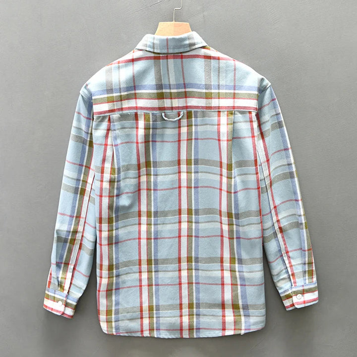 Men’s Long Sleeve Button-Up Plaid Shirt with Dual Chest Pockets