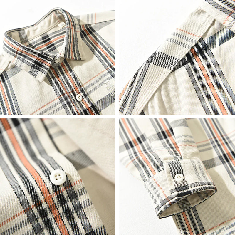Men’s Long Sleeve Button-Up Plaid Shirt with Dual Chest Pockets