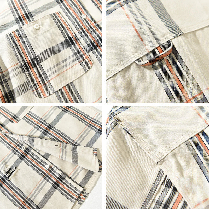 Men’s Long Sleeve Button-Up Plaid Shirt with Dual Chest Pockets