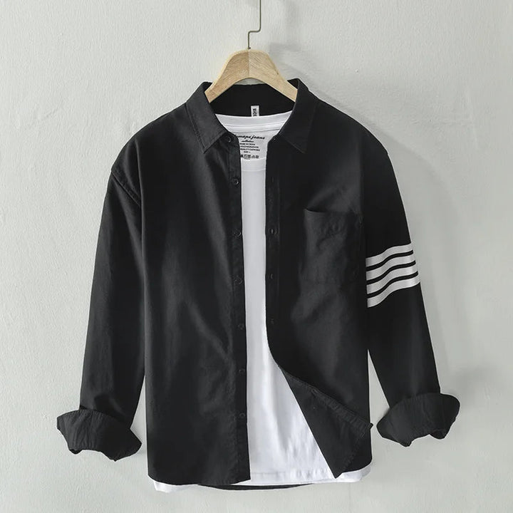 Men’s Long Sleeve Button-Up Shirt with Contrast Sleeve Stripes and Chest Pocket