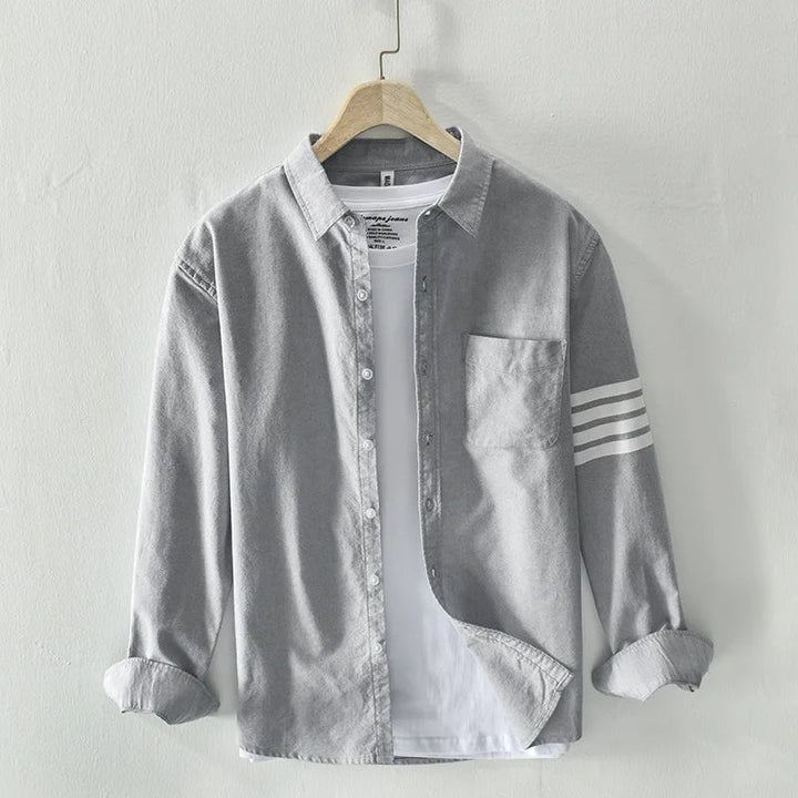 Men’s Long Sleeve Button-Up Shirt with Contrast Sleeve Stripes and Chest Pocket