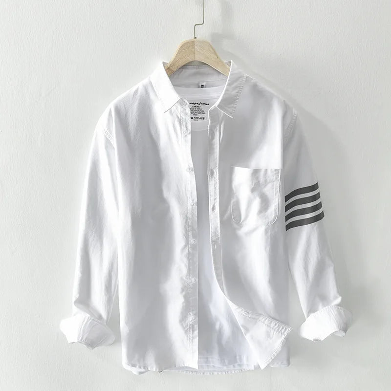 Men’s Long Sleeve Button-Up Shirt with Contrast Sleeve Stripes and Chest Pocket