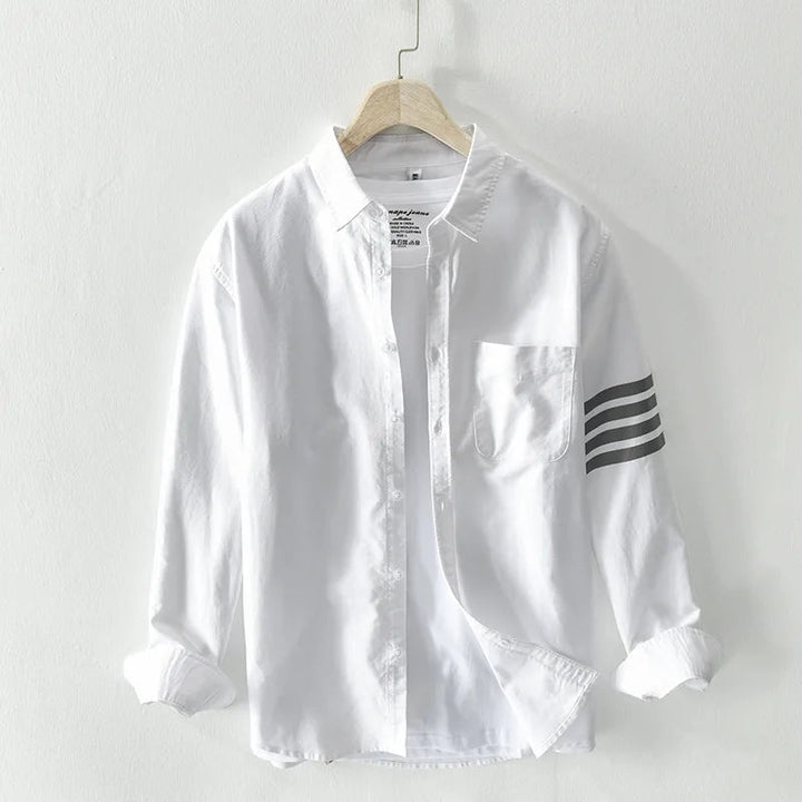 Men’s Long Sleeve Button-Up Shirt with Contrast Sleeve Stripes and Chest Pocket