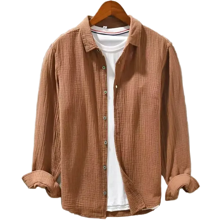 Men’s Long Sleeve Button-Up Shirt with Crinkled Texture