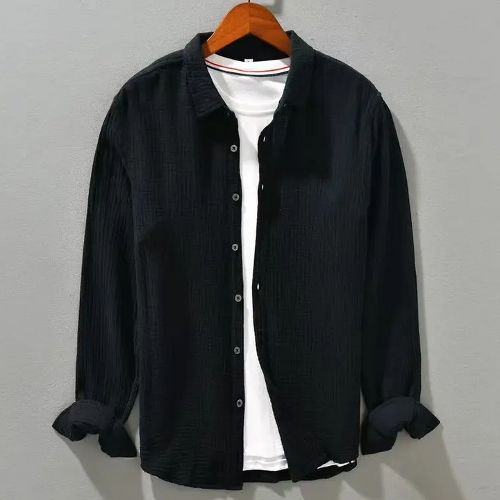 Men’s Long Sleeve Button-Up Shirt with Crinkled Texture