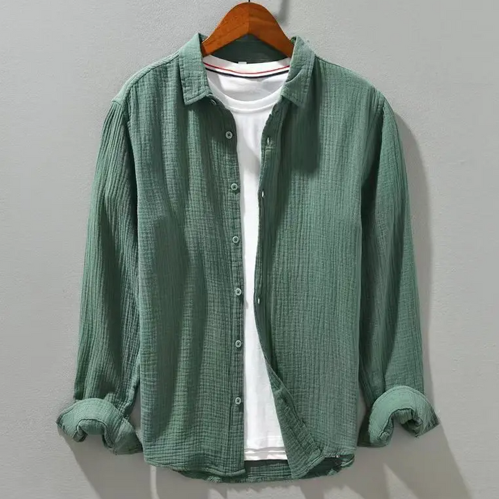 Men’s Long Sleeve Button-Up Shirt with Crinkled Texture