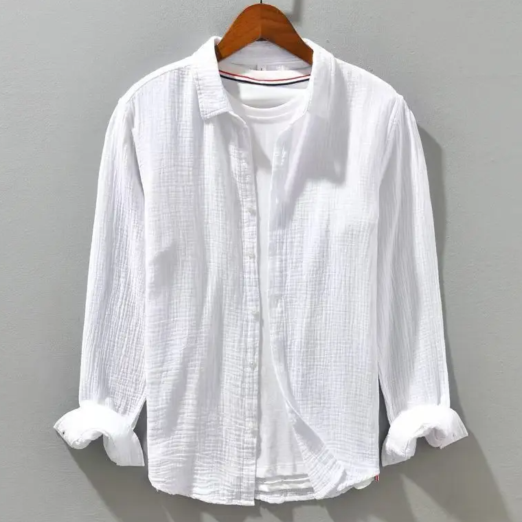 Men’s Long Sleeve Button-Up Shirt with Crinkled Texture