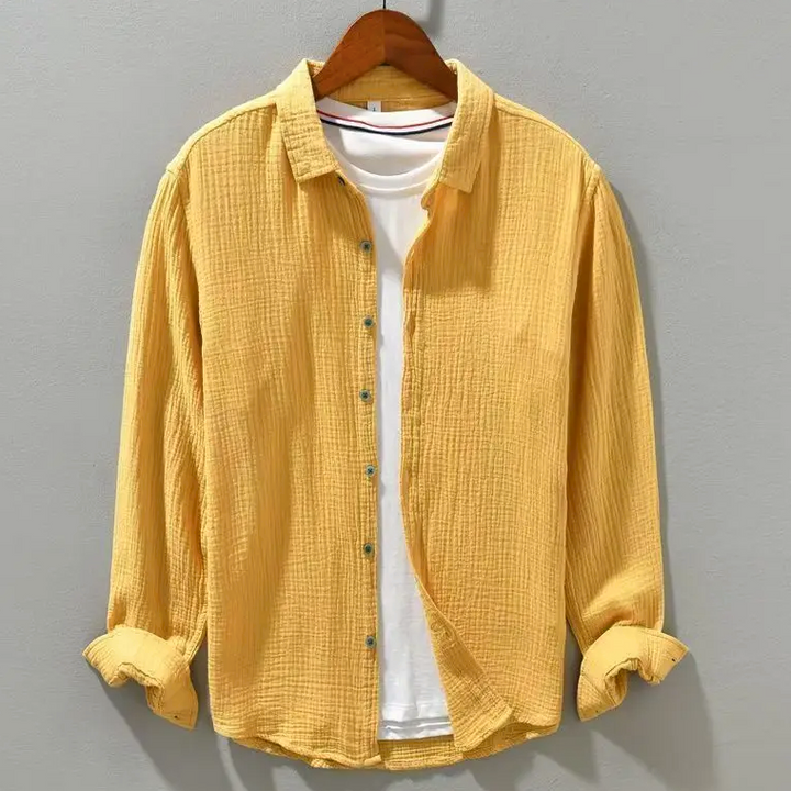 Men’s Long Sleeve Button-Up Shirt with Crinkled Texture