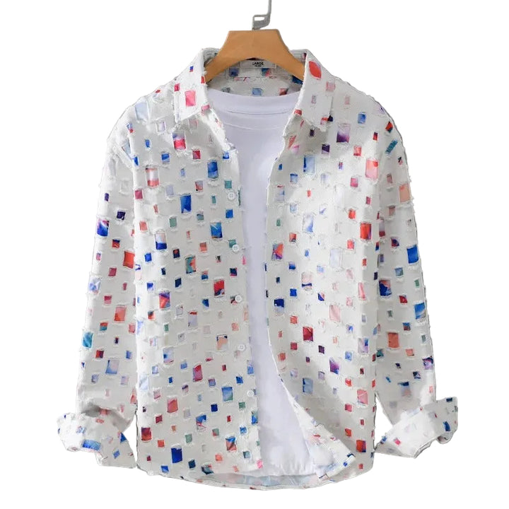 Men’s Long Sleeve Button-Up Shirt with Multicolor Pattern