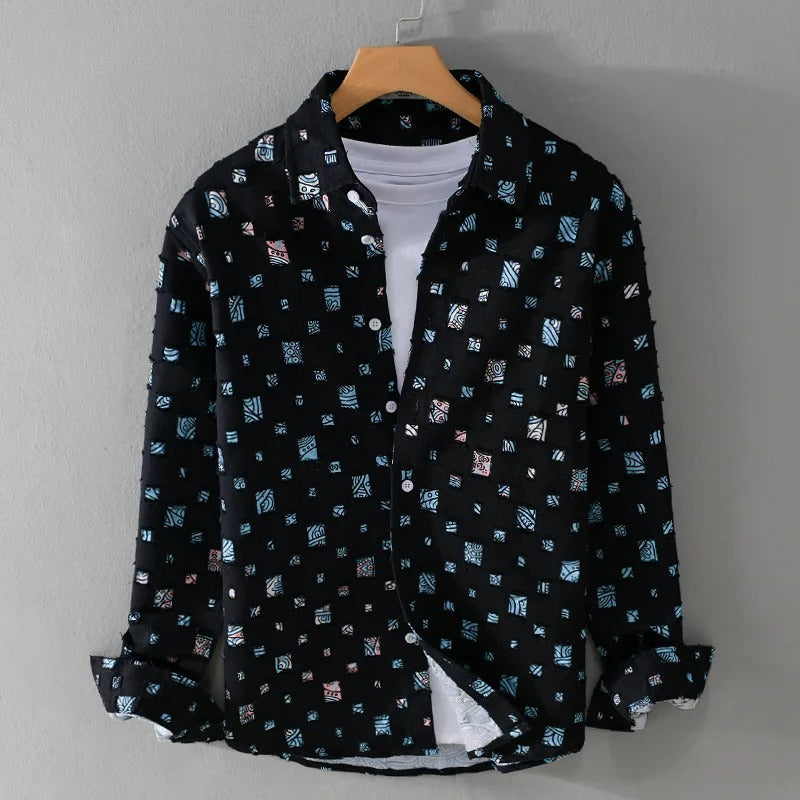 Men’s Long Sleeve Button-Up Shirt with Multicolor Pattern