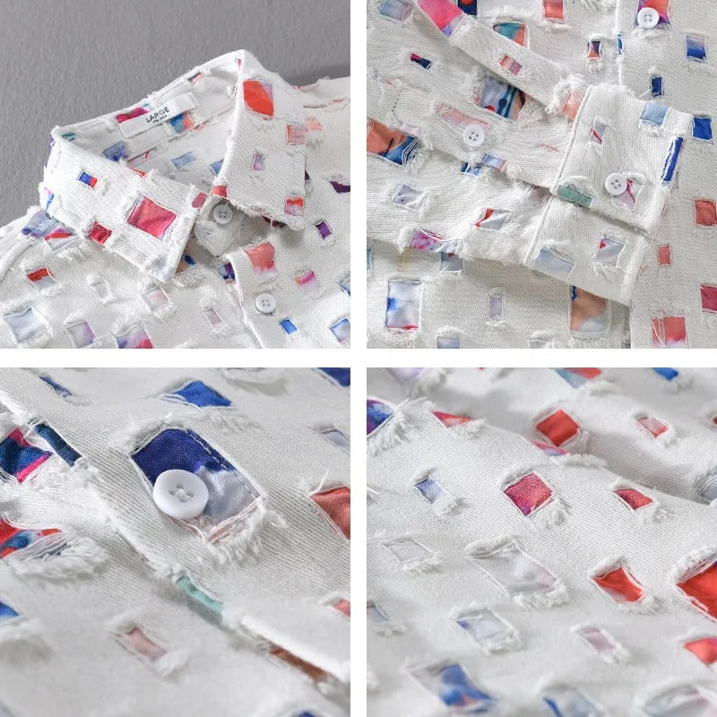 Men’s Long Sleeve Button-Up Shirt with Multicolor Pattern