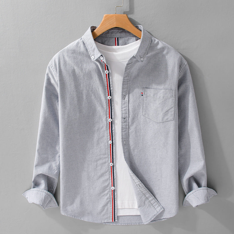 Men’s Long Sleeve Button-Up Shirt with Placket Stripe Detail and Chest Pocket