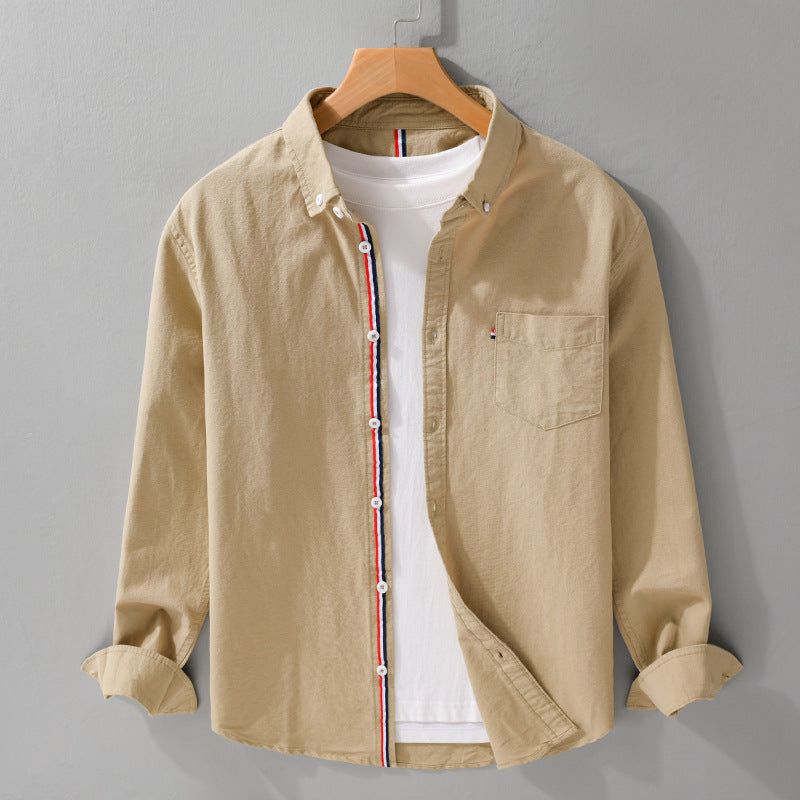 Men’s Long Sleeve Button-Up Shirt with Placket Stripe Detail and Chest Pocket