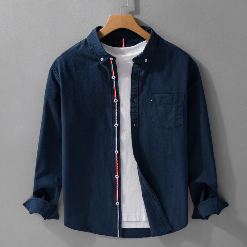Men’s Long Sleeve Button-Up Shirt with Placket Stripe Detail and Chest Pocket