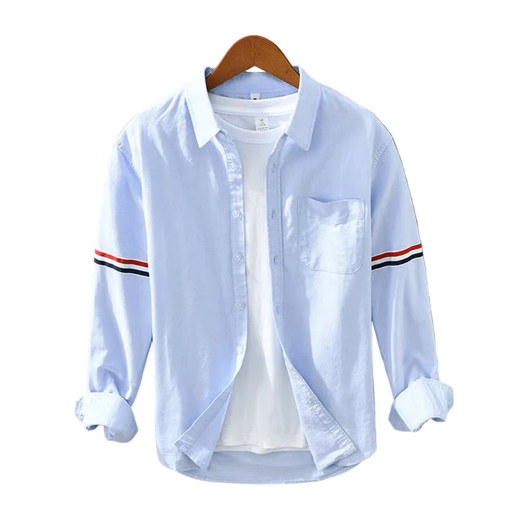 Men’s Long Sleeve Button-Up Shirt with Arm Stripe Detail and Chest Pocket