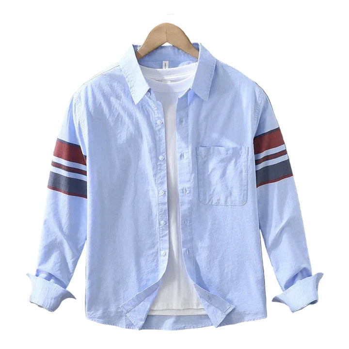 Men’s Long Sleeve Button-Up Shirt with Sleeve Stripe Detail and Chest Pocket