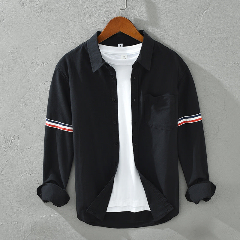 Men’s Long Sleeve Button-Up Shirt with Arm Stripe Detail and Chest Pocket