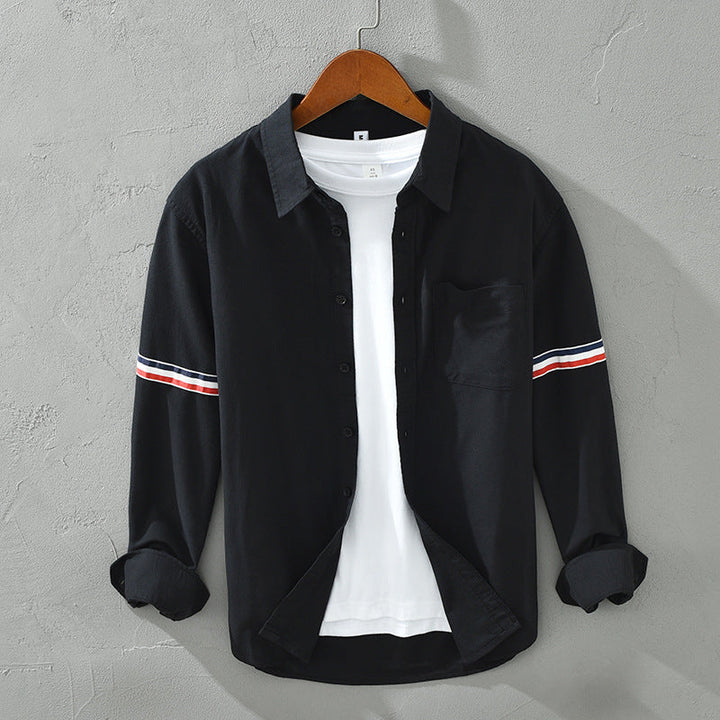 Men’s Long Sleeve Button-Up Shirt with Arm Stripe Detail and Chest Pocket