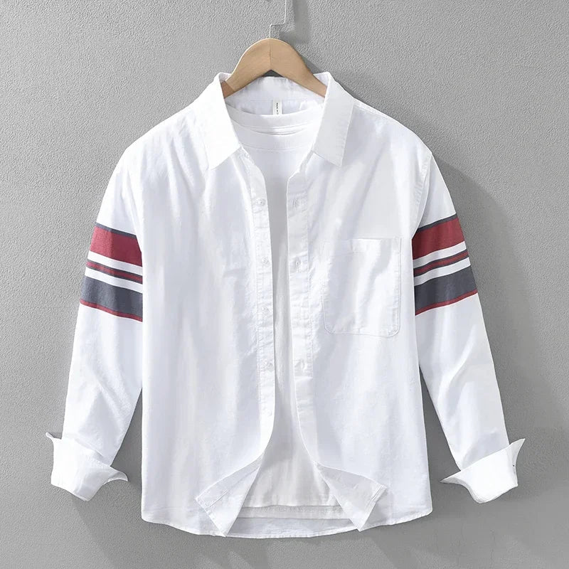 Men’s Long Sleeve Button-Up Shirt with Sleeve Stripe Detail and Chest Pocket