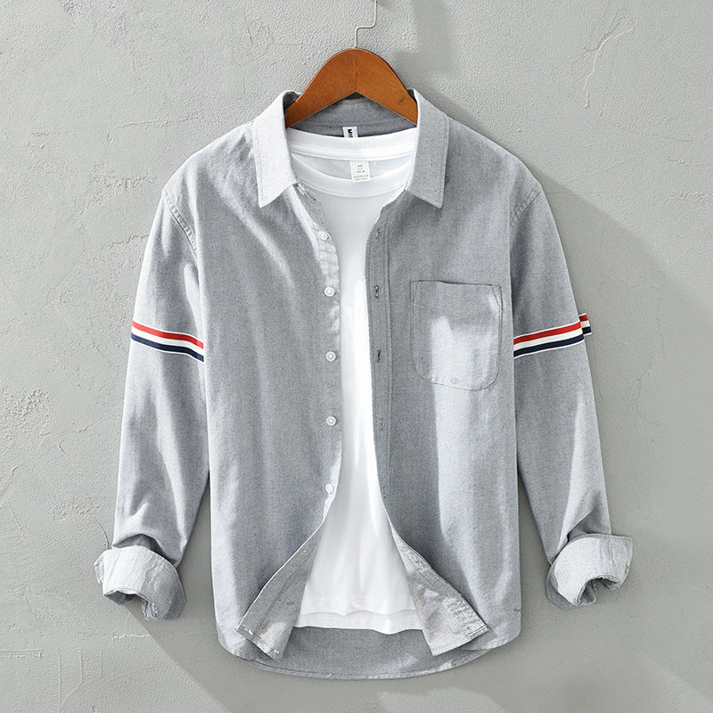 Men’s Long Sleeve Button-Up Shirt with Arm Stripe Detail and Chest Pocket
