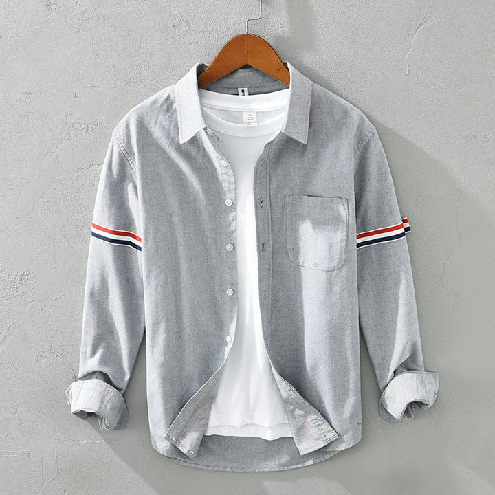 Men’s Long Sleeve Button-Up Shirt with Arm Stripe Detail and Chest Pocket