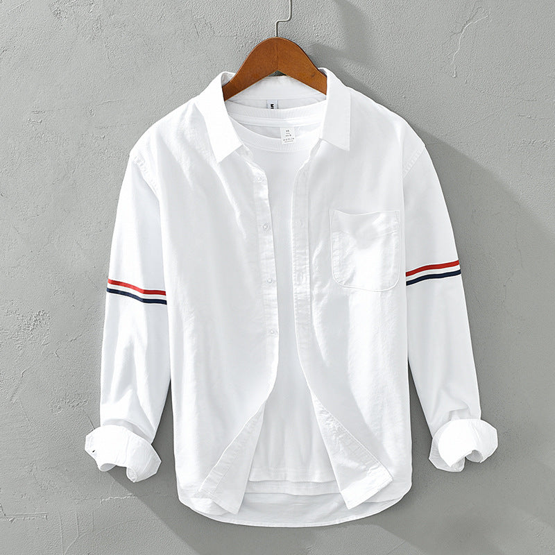 Men’s Long Sleeve Button-Up Shirt with Arm Stripe Detail and Chest Pocket