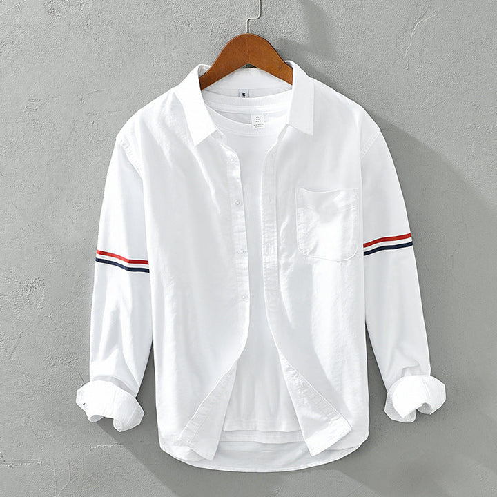 Men’s Long Sleeve Button-Up Shirt with Arm Stripe Detail and Chest Pocket