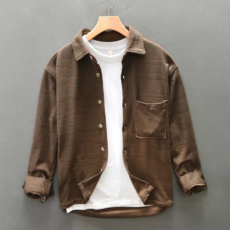 Men’s Long Sleeve Button-Up Shirt with Textured Pattern and Chest Pocket