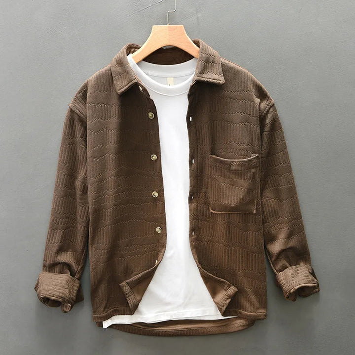 Men’s Long Sleeve Button-Up Shirt with Textured Pattern and Chest Pocket