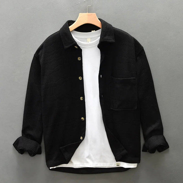 Men’s Long Sleeve Button-Up Shirt with Textured Pattern and Chest Pocket