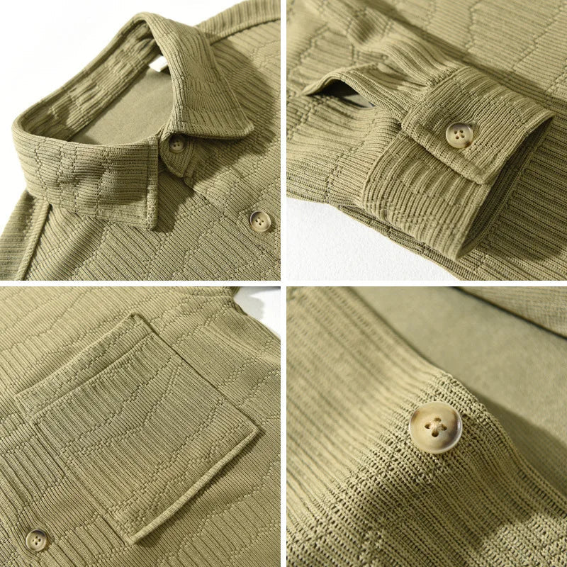 Men’s Long Sleeve Button-Up Shirt with Textured Pattern and Chest Pocket