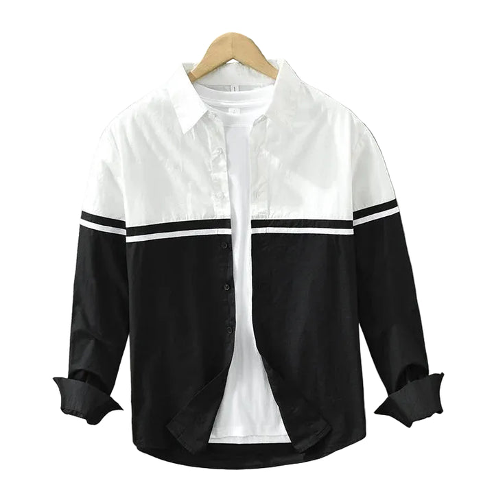 Men’s Long Sleeve Button-Up Shirt with Two-Tone Panel and Chest Stripe