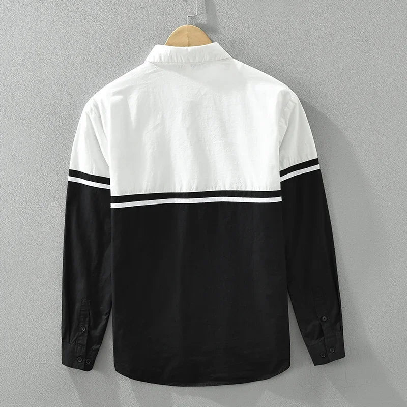 Men’s Long Sleeve Button-Up Shirt with Two-Tone Panel and Chest Stripe