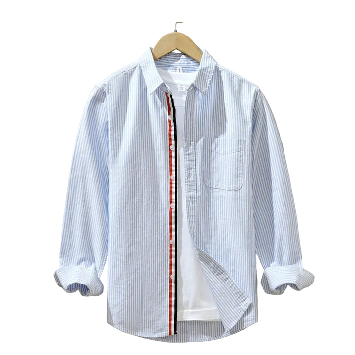 Men’s Long Sleeve Button-Up Shirt with Vertical Stripe Pattern and Chest Pocket