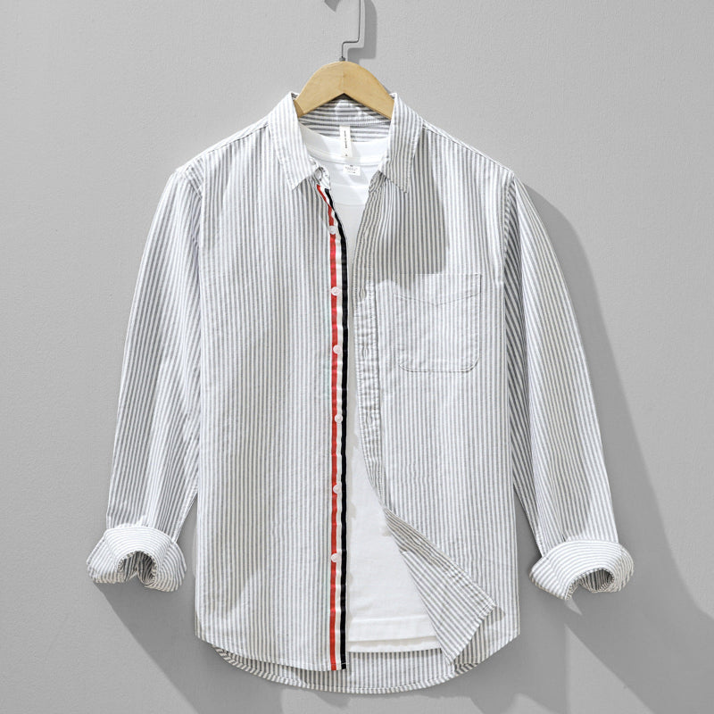Men’s Long Sleeve Button-Up Shirt with Vertical Stripe Pattern and Chest Pocket