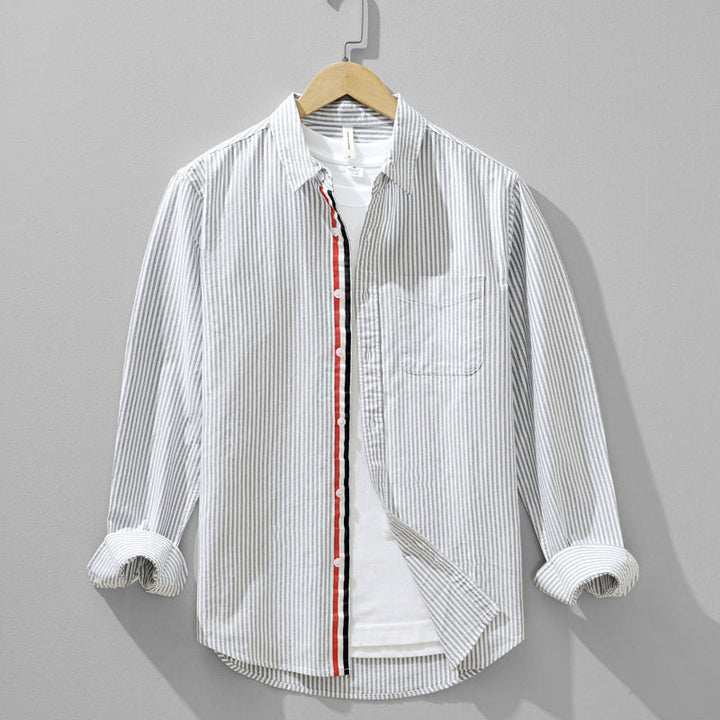 Men’s Long Sleeve Button-Up Shirt with Vertical Stripe Pattern and Chest Pocket
