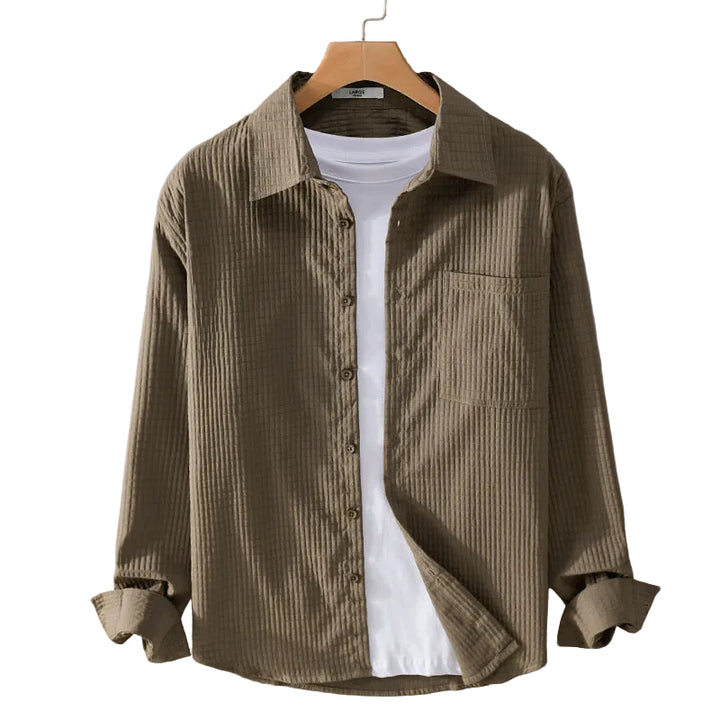 Men’s Long Sleeve Button-Up Shirt with Waffle Texture and Chest Pocket