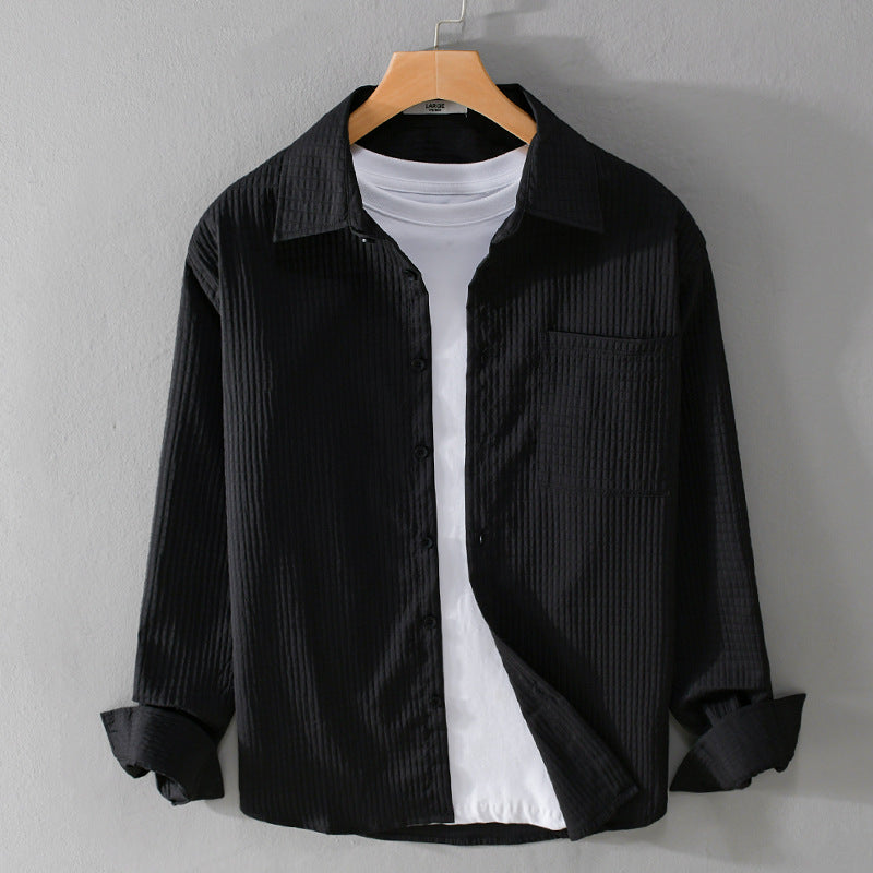 Men’s Long Sleeve Button-Up Shirt with Waffle Texture and Chest Pocket