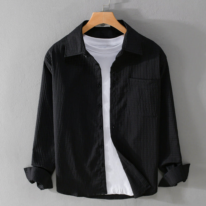 Men’s Long Sleeve Button-Up Shirt with Waffle Texture and Chest Pocket