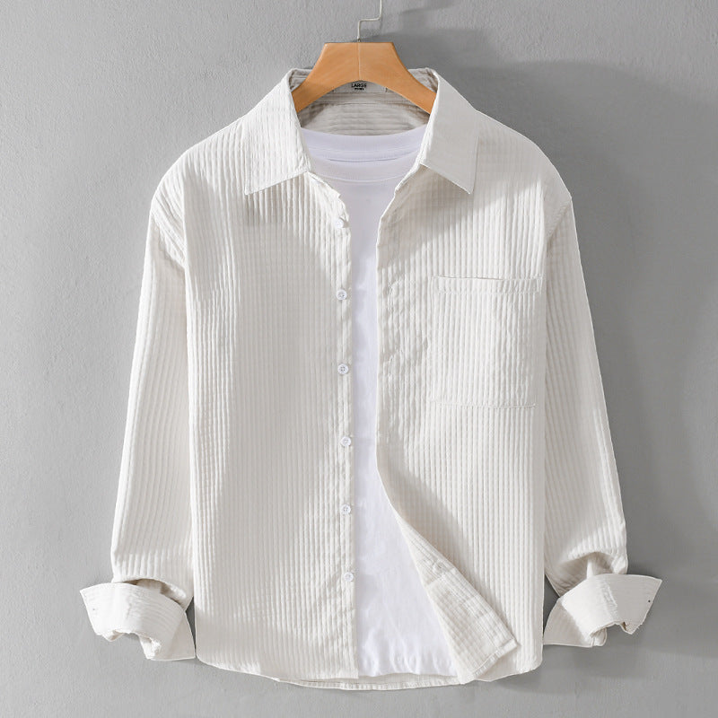Men’s Long Sleeve Button-Up Shirt with Waffle Texture and Chest Pocket