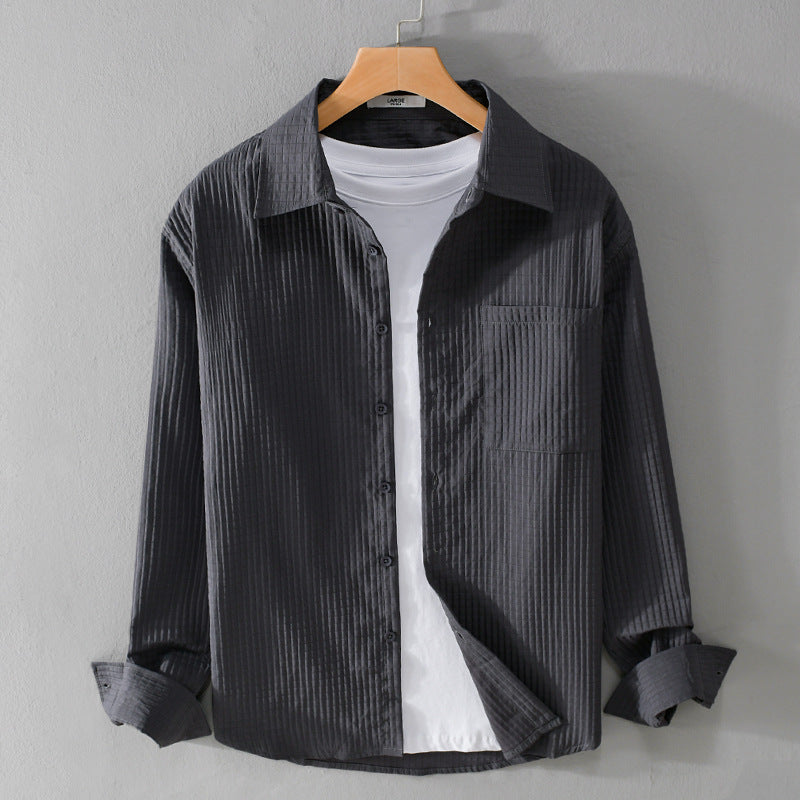 Men’s Long Sleeve Button-Up Shirt with Waffle Texture and Chest Pocket