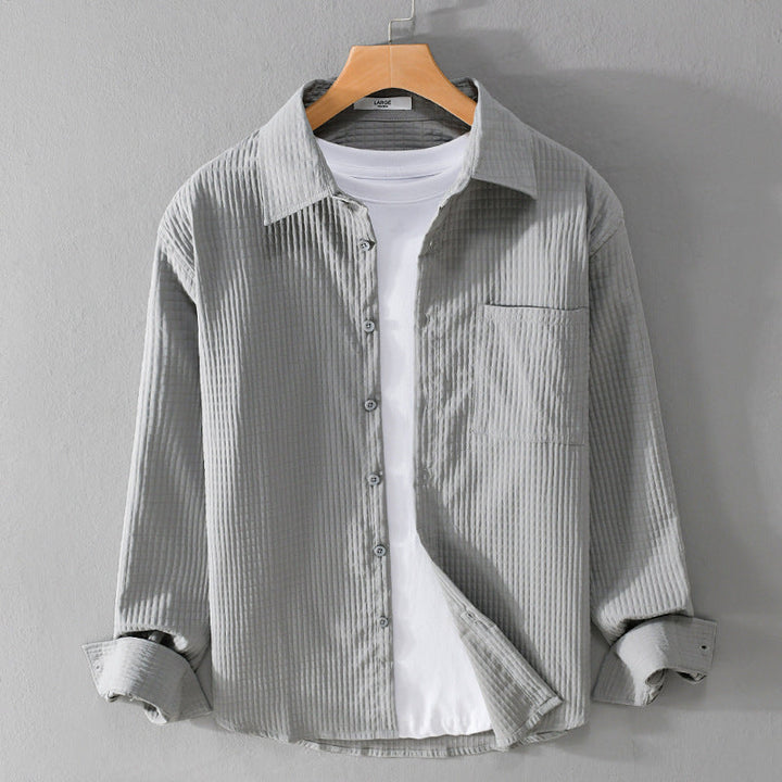 Men’s Long Sleeve Button-Up Shirt with Waffle Texture and Chest Pocket