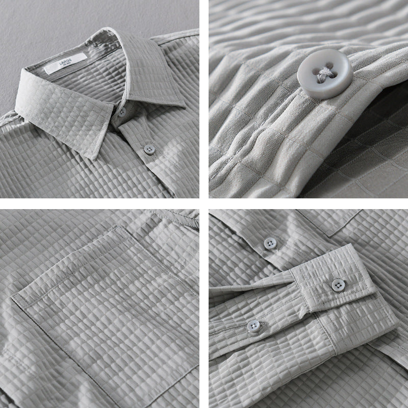 Men’s Long Sleeve Button-Up Shirt with Waffle Texture and Chest Pocket