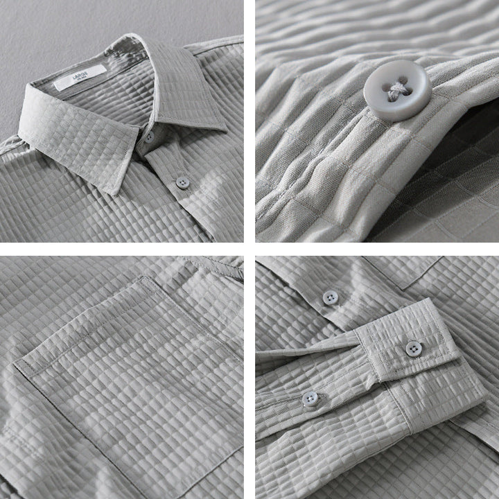 Men’s Long Sleeve Button-Up Shirt with Waffle Texture and Chest Pocket