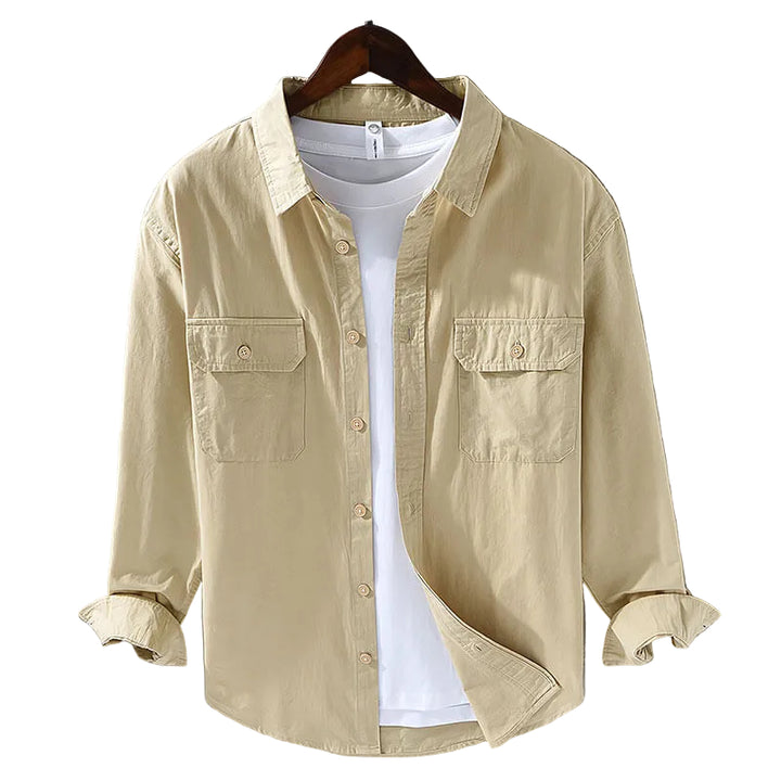 Men’s Long Sleeve Button-Up Shirt with Dual Chest Pockets and Collar